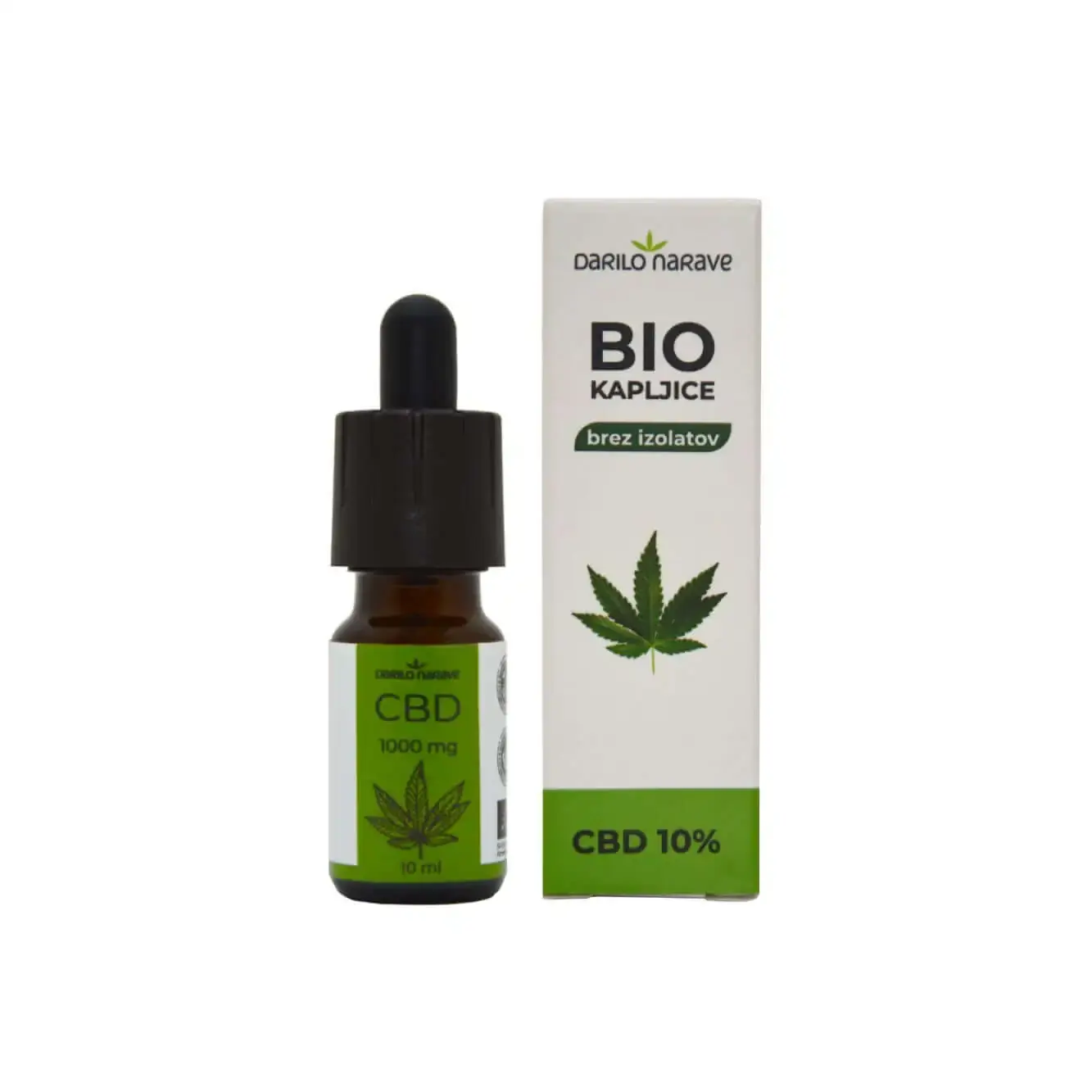 BIO CBD 10% 2 BIO CBD kapi 10% Darilo Narave – ambalaža i bočica proizvoda od certificirane ekološke industrijske konoplje.