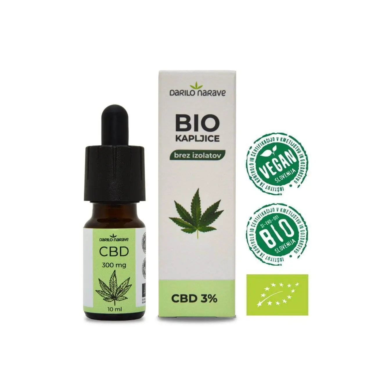 BIO CBD 3% 1 BIO CBD kapi 3% za životinje Darilo Narave – ambalaža i bočica s certifikatima Vegan Slovenija, BIO Slovenija i EU ekološkim certifikatom.