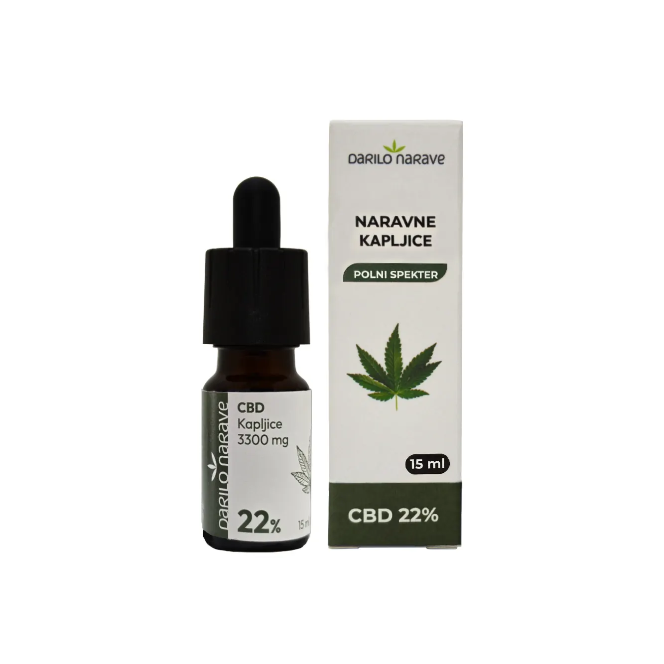 CBD 22% - 15ml 2 BIO CBD kapi Darilo Narave 3300 mg – ambalaža i bočica proizvoda od ekološke industrijske konoplje.