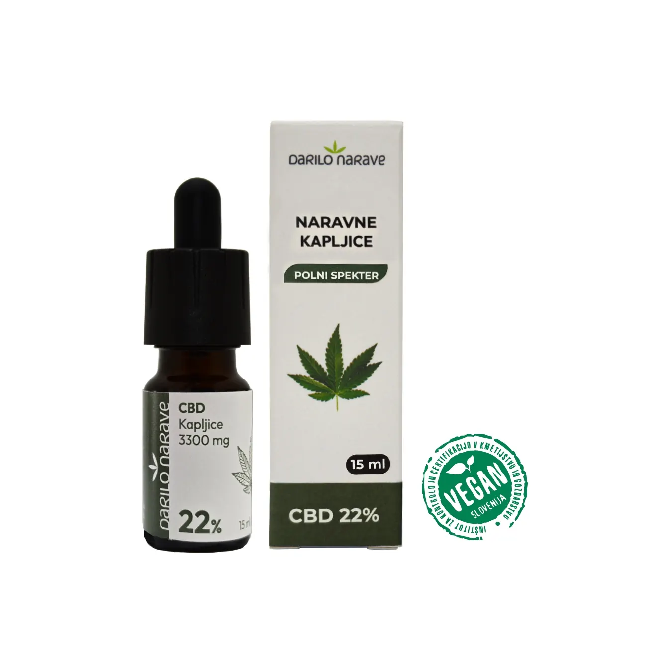 CBD 22% - 15ml 1 BIO CBD kapi Darilo Narave 3300 mg – ambalaža i bočica s certifikatima Vegan Slovenija, BIO Slovenija i EU ekološkim certifikatom.