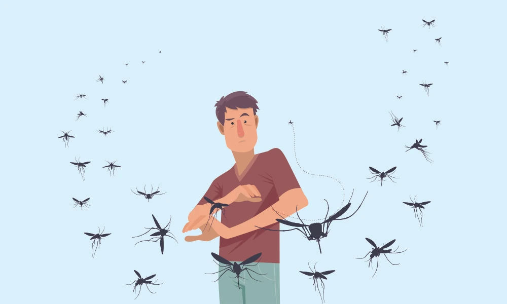 Ilustracija muškarca kojeg okružuje roj komaraca kao prikaz izloženosti ubodima insekata.